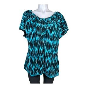 Worthington Petite Women’s Black Blue V Neck Blouse Size 2X Cap sleeve